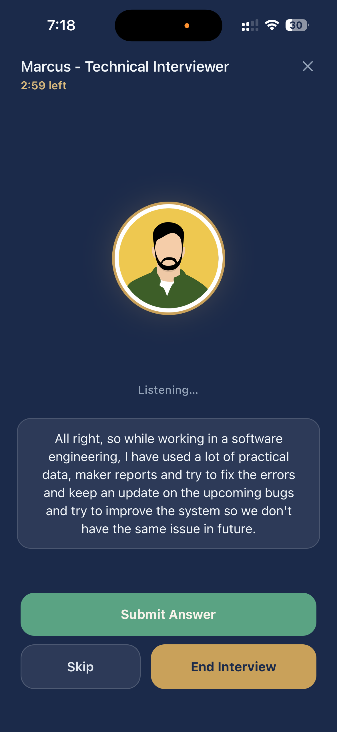Brief live AI interview screen