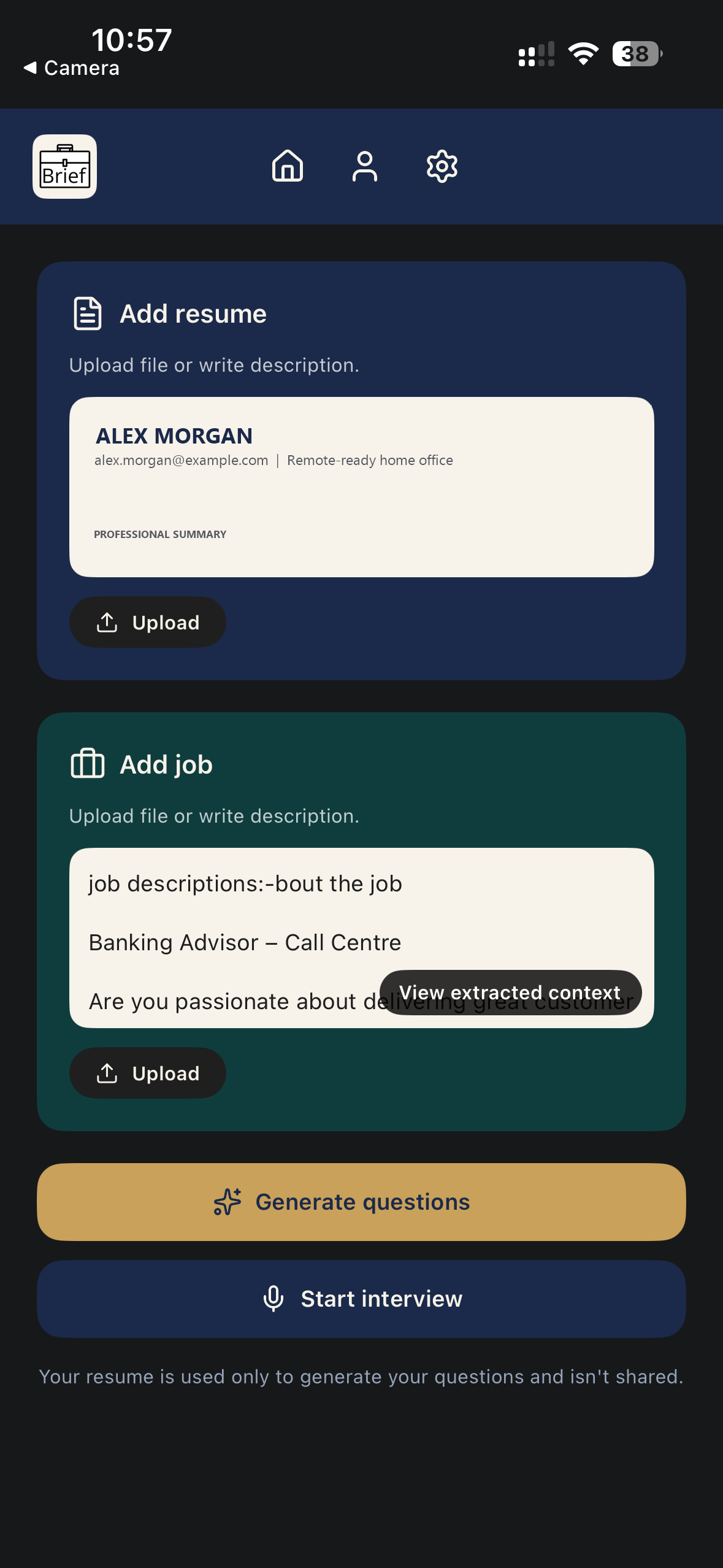 Résumé and job posting upload screen